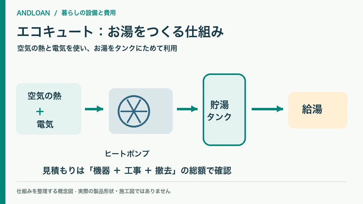 空気の熱と電気でお湯をつくり貯湯タンクから給湯するエコキュートの概念図