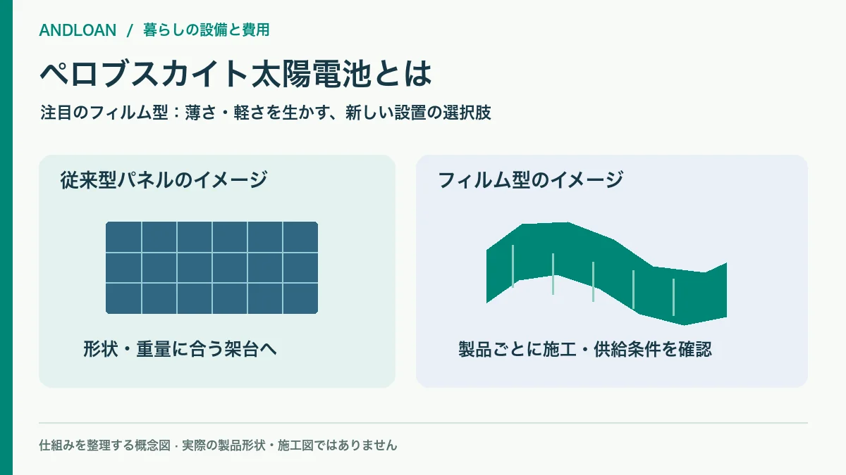 従来型パネルと薄く曲がるフィルム型ペロブスカイト太陽電池の概念比較図