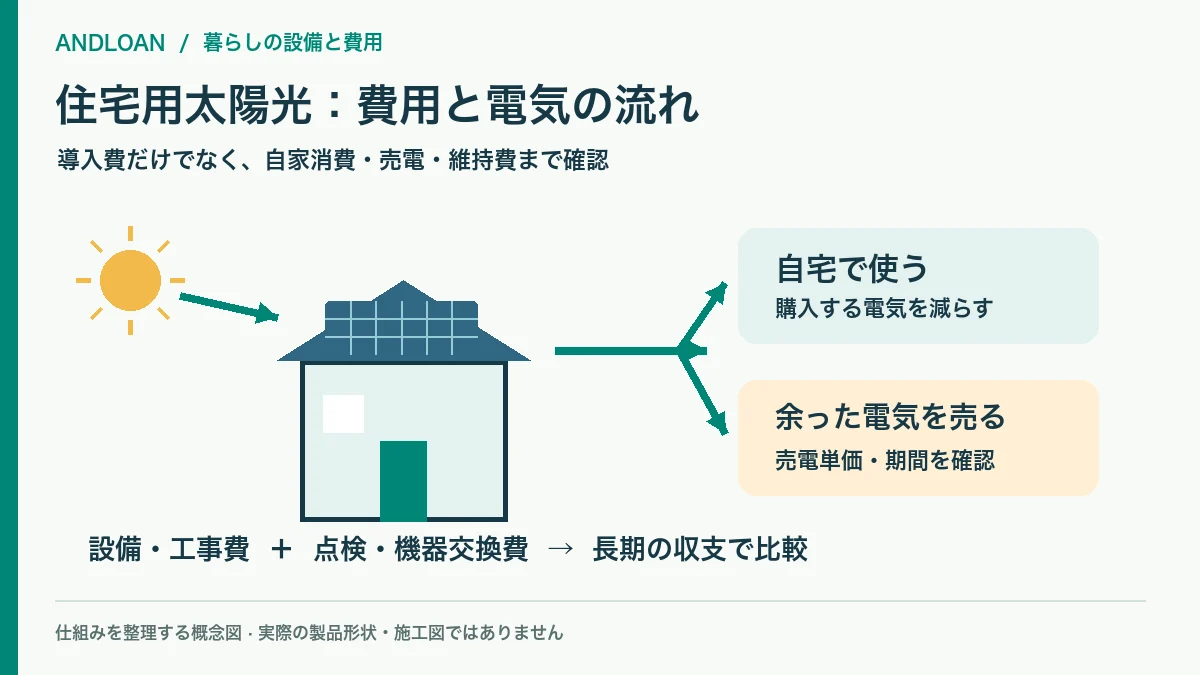 住宅用太陽光の電気を自宅で使い余剰分を売電する流れと費用の図