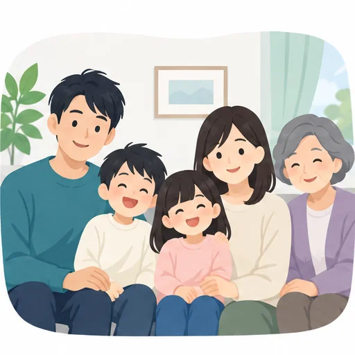 両親と2人の子ども、祖母がソファに並んで笑顔で座る家族のイラスト